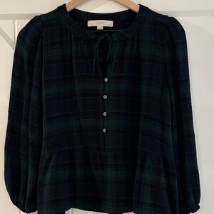 LOFT Black and Green Plaid Peasant Top